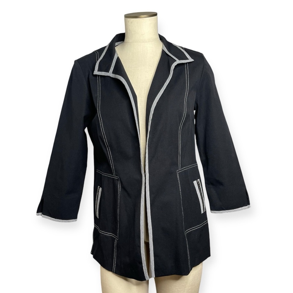 MING WANG Black Gingham Contrast Trim & Stitch Zip Pockets Blazer Jacket Size S
